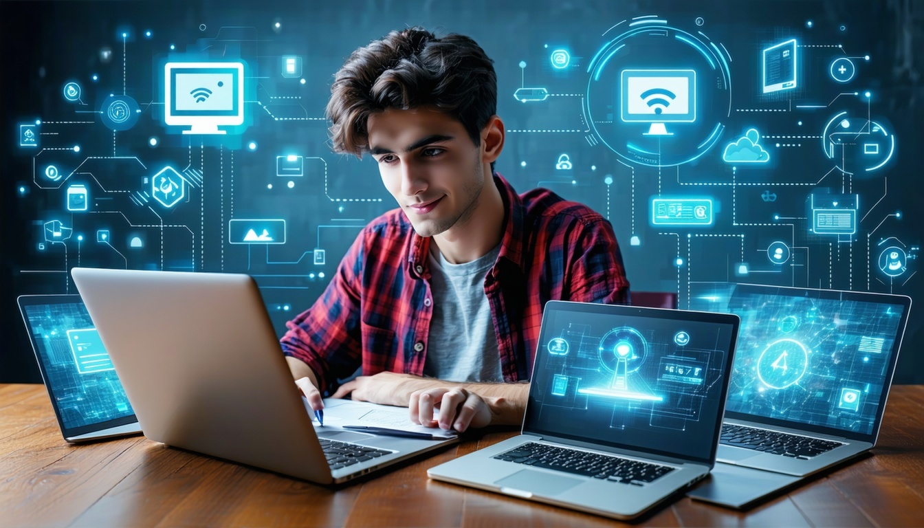 Student using a laptop surrounded by multiple laptops with WiFi logos in the background, representing connectivity and internet access.
