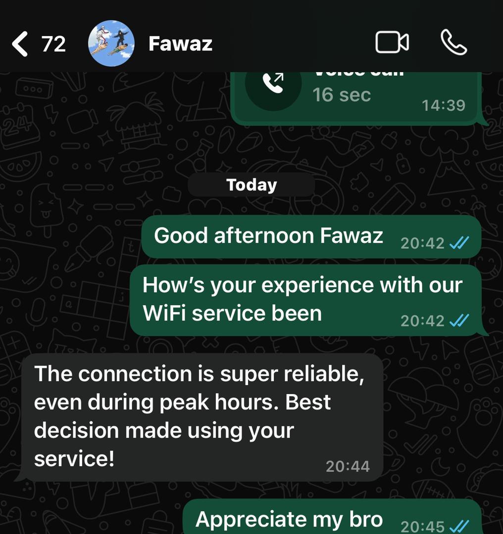 Positive WhatsApp feedback from a hostel student about Wifibe internet speed