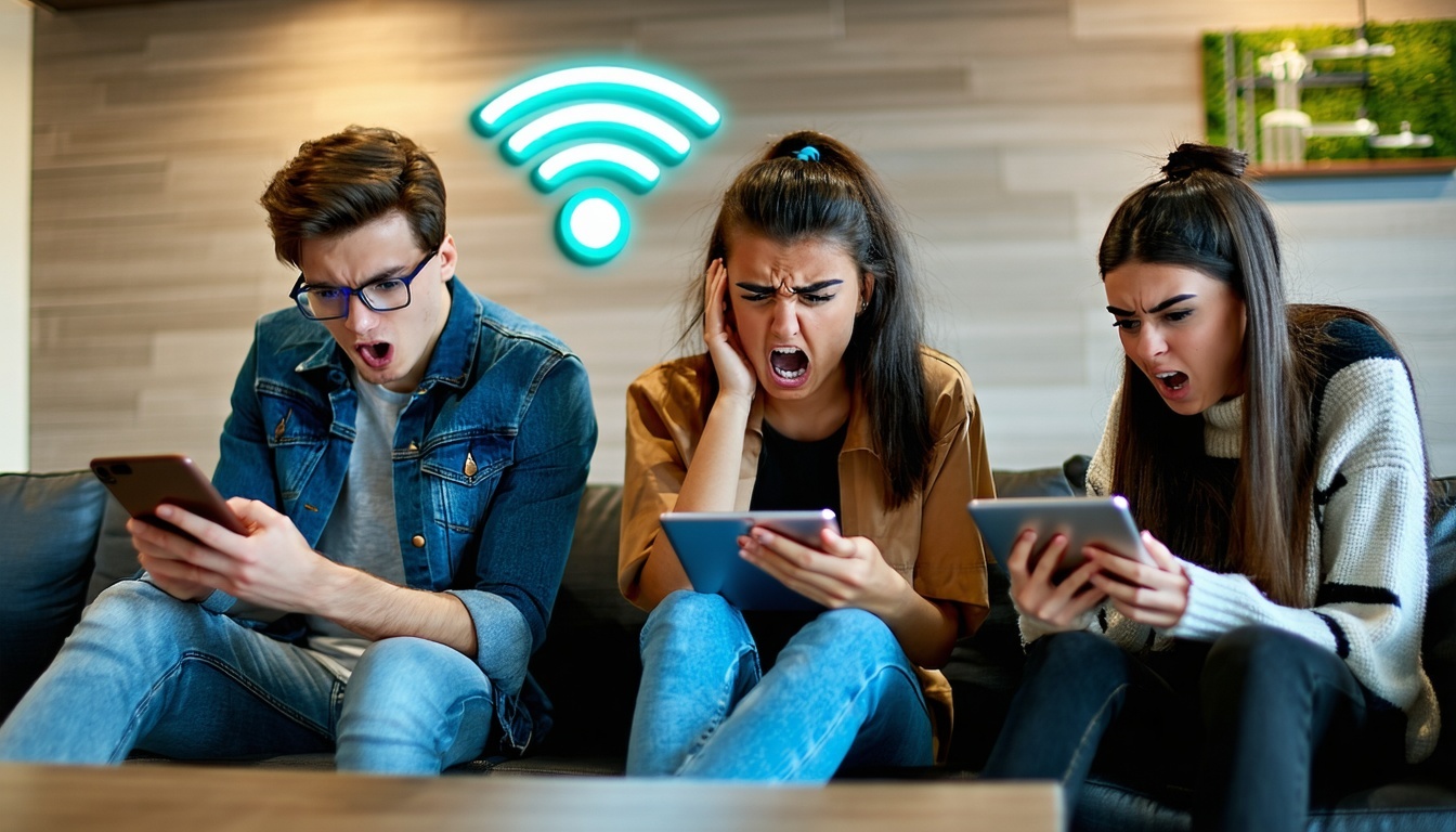 A group of young adults, possibly students, using